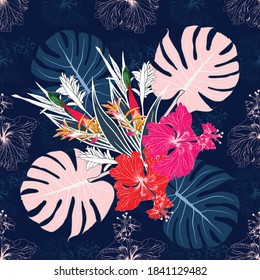 Seamless floral pattern pink Hibiscus bird of paradise flowers and monstera leaf on isolated dark blue background.Vector illustration hand drawn.