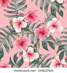 Seamless Floral Pattern Pink Hibiscus Flowers On Isolated Dark Pink Pastel Background.Vector Illustration Watercolor Hand Drawning.For Fabric Print Design Texture