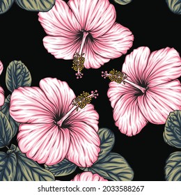 Seamless floral pattern pink Hibiscus flowers abstract background.Vector illustration hand drawning.For fabric print design texture