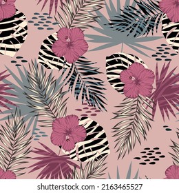 Flores de hibiscus rosadas sin florituras sobre un fondo pastel rosa aislado. Dibujo manual de la ilustración del vector. Para textura de diseño de impresión de tela.