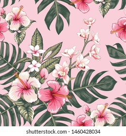 Seamless floral pattern pink Hibiscus,Frangipani and Orchid flowers on pastel color isolated background.Vector illustration watercolor hand drawning.