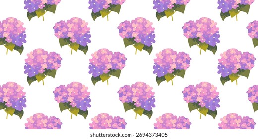 Padrão floral contínuo com ramos de hortênsia rosa sobre fundo branco. Padrão botânico, amostra de tecido vetorial