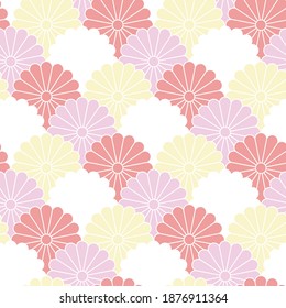 Seamless floral pattern. Pink Japanese national flower chrysanthemum and herbs. Illustration luxury design, textiles, paper, wallpaper, curtains, blinds. Vintage design.