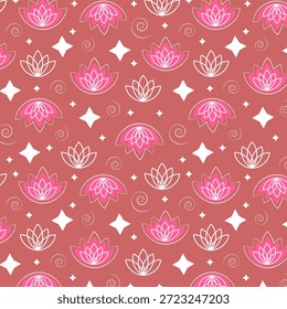 Padrão floral contínuo com lótus rosa e estrelas geométricas
