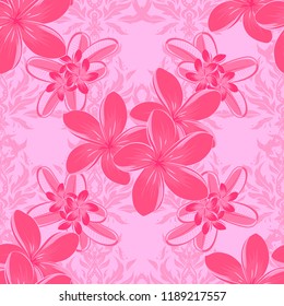 Seamless Floral Pattern in pink and magenta colors. Vector plumeria flowers seamless pattern.