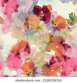 Seamless floral pattern with pink, orange, green, purple and red color hand drawn art abstract flower and leaf background elements. Botanical flower garden pattern design