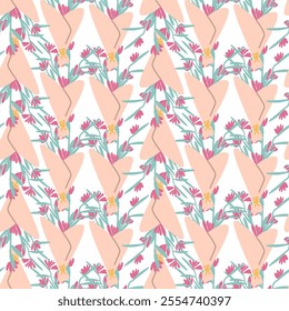 Seamless floral pattern with pink and orange petals and green stems.