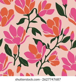 Patrón floral sin fisuras con flores de magnolia rosa y naranja sobre fondo de melocotón