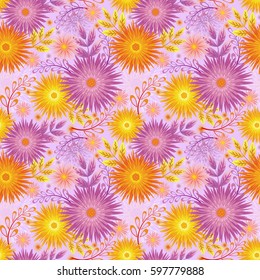 Seamless floral pattern of pink and orange gerberas and herbal elements on a light pink background. Background for textiles, packaging, web design, printing, and other purposes. Vector illustration.
