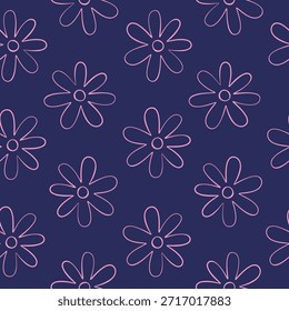Padrão floral sem costura com contorno rosa margaridas flores no fundo azul escuro
