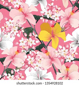 Seamless floral pattern pink pastel color Hibiscus flowers on pink pastel abstract background.Vector illustration watercolor hand drawn doodle style.