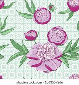 Patrón floral sin soldadura con peonías rosadas sobre un fondo de apertura.
