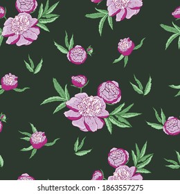 Seamless floral pattern with pink peonies on an tidewater green background.