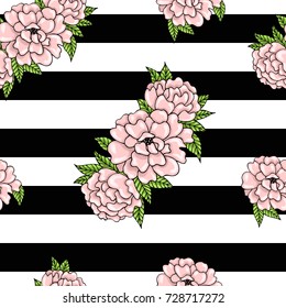 Seamless floral pattern of pink peonies with leaves on a striped background.