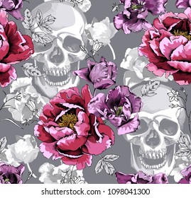 Seamless floral pattern. Pink Peony,  Violet Tulips flowers and skulls on a monochrome gray background. Vector illustration.