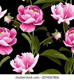 Seamless floral pattern, pink peony flowers on a black background. Design for wallpaper, fabric, wrapping paper, cover and more. 