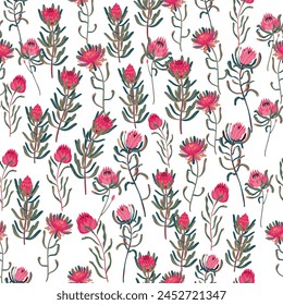 Seamless floral pattern with pink protea flowers and green leaves set against a white background. There are multiple protea flowers, exhibiting a range of sizes and shapes, complemented by an assortme