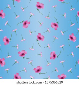 Seamless floral pattern of pink and purple flowers with green stems and leaves, on a gradient light blue background. Great for decorating fabrics, textiles, gift wrapping, any printed materials.