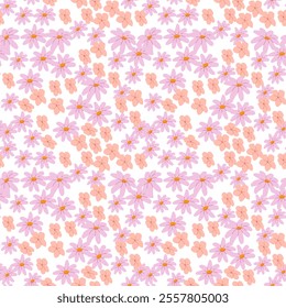 Seamless floral pattern with pink and purple flowers on white background.