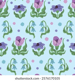 Seamless floral pattern with pink, purple, and blue hand-drawn flowers on a light blue background, featuring soft, organic star like shapes. Beautiful and lovely illustration design.