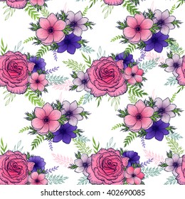 Seamless floral pattern pink and purple anemones and roses, seamless background flower rose and anemone, vector pattern for wedding, summer design, web, wallpaper, textile, card, save the date