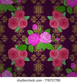 Seamless Floral Pattern in pink and purple colors. Vector rose flowers and green leaves seamless pattern.
