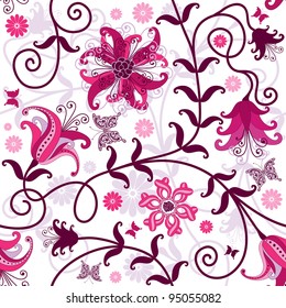 Seamless floral pattern with pink and purple  flowers and butterflies (vector)