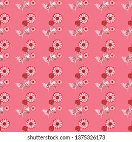 Seamless floral pattern of pink and red flowers with white and claret leaves, on a pinkish background. Great for decorating fabrics, textiles, gift wrapping design, any printed materials, advertising.