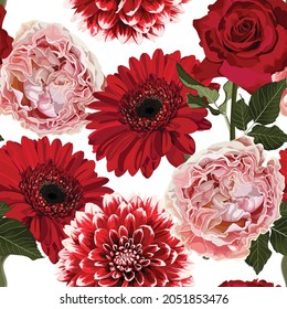 Seamless floral pattern with pink red roses and gerbera flowers on white background. Summer and spring motifs. Trendy floral texture.