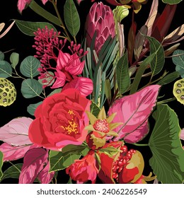 Seamless floral pattern with pink red glossy protea and tropical flowers, leaves on a black background. 