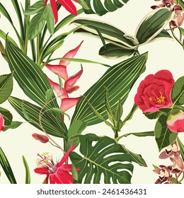 Seamless floral pattern with pink red glossy tropical flowers, leaves  background. 