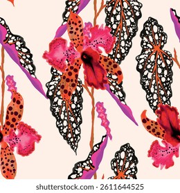 Seamless floral pattern with pink, red, orange and purple color hand drawn art watercolor textured flower and leaf background elements. Floral wallpaper pattern design vector

