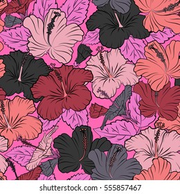 Seamless floral pattern with pink and red hibiscus flowers, watercolor. Seamless pattern with floral motif. Vector illustration. Vector flower illustration.
