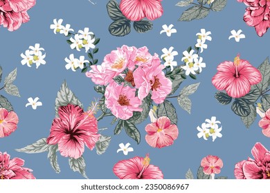 Seamless floral pattern pink rose and Hibiscus flowers abstract background.Vector illustration hand drawning.For fabric print design.