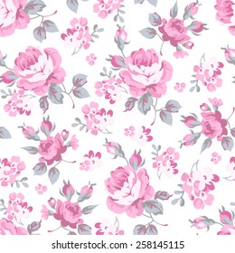 Seamless floral pattern with pink rose and grey leaves 