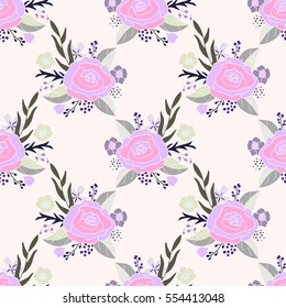 Seamless floral pattern of pink rose bouquets and herbal elements in olive green, gray and purple. 