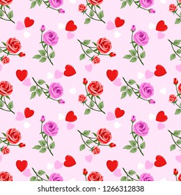 Seamless floral pattern with pink roses and Hearts on pink background. Exotic flower for decoration, fabric, textile, wrapping paper.