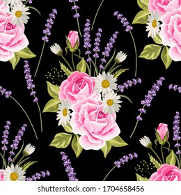 Seamless floral pattern with pink roses and lavenders on black background.