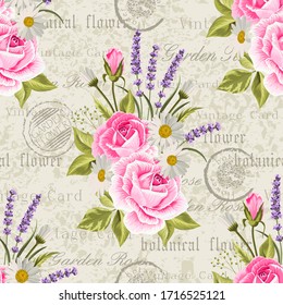Seamless floral pattern with pink roses and lavenders on vintage postcard background. Vector illustration.