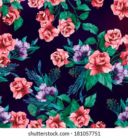 Seamless floral pattern with of pink roses. Vector background.