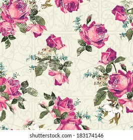 Seamless floral pattern with of pink roses with ornament. Vector background.