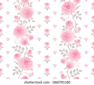 Seamless floral pattern with pink roses and leaves. Vector vintage background for wallpaper, fabric, gift wrap, digital paper, fills, etc. Shabby chic style