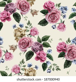 Seamless floral pattern with of pink roses on light background, watercolor. Vector illustration.