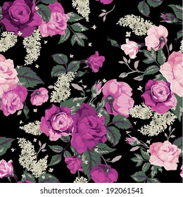 Seamless floral pattern with pink roses on black background, watercolor. Vector illustration.