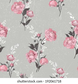Seamless floral pattern with pink roses on light background, watercolor. Vector illustration.