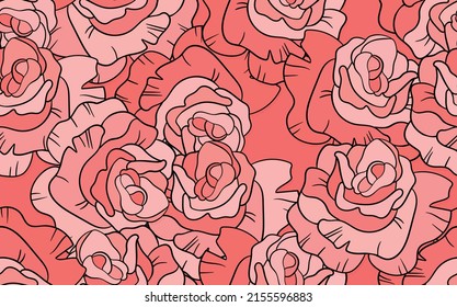 Patrón floral sin foco con rosas rosas rosas. Estilo de caricatura. Diseño para tela, textil, papel. Flores coloridas sobre el fondo del color. Ilustración vectorial de ornamentos tradicionales de arte folclórico.