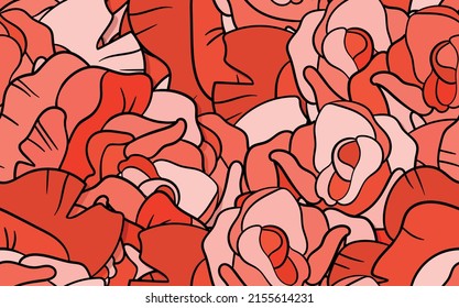 Seamless floral pattern with pink roses. Cartoon style. Design for fabric, textile, paper. Colorful flowers on color background. Vector illustration on traditional folk art ornaments.