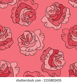 Seamless floral pattern with pink roses. Cartoon style. Design for fabric, textile, paper. Colorful flowers on color background. Vector illustration on traditional folk art ornaments.