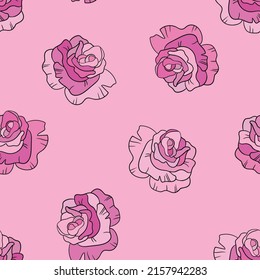 Nahtlose Blumenmuster mit rosafarbenen Rosen. Cartoon-Stil. Design für Gewebe, Textilien, Papier. Farbige Blumen auf buntem Hintergrund. Vektorgrafik über traditionelle Volkskunst-Ornamente.