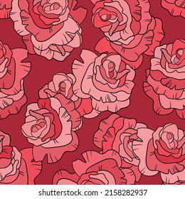 Seamless floral pattern with pink roses. Cartoon style. Design for fabric, textile, paper. Colorful flowers on color background. Vector illustration on traditional folk art ornaments.